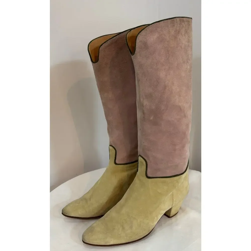 🔥SALE🔥VTG Maud Frizon 70’s/80’s Suede Boot 1.5” Heel Beige/Green French Designer
